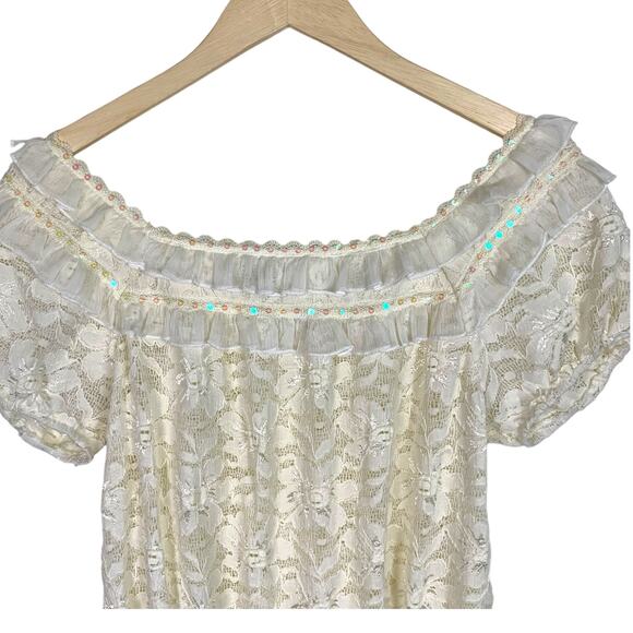 AMERICAN RAG Women L Ivory Floral Lace Sequin Trim Peasant Smocked Top - Picture 6 of 10